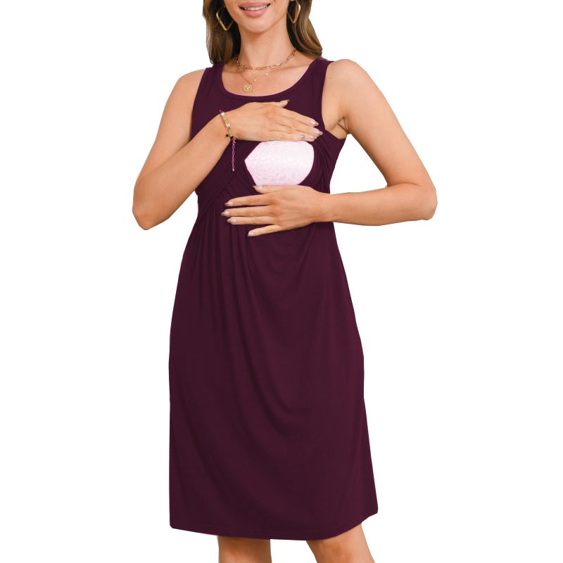 Bearsland Women's Sleeveless Maternity Dress Nursing Breastfeeding Knee-Length Dresses with Pockets,Purplered,L - Image 3